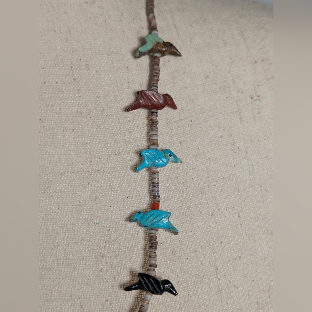 Vintage 19-Bird Fetish Necklace w. Turquoise and Heishi Beads 28" - Picture 5 of 8